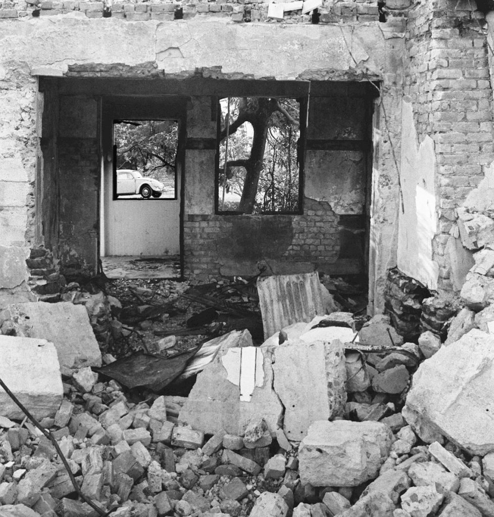 Beetle, black & white, building, car, monochrome, rubble, ruin