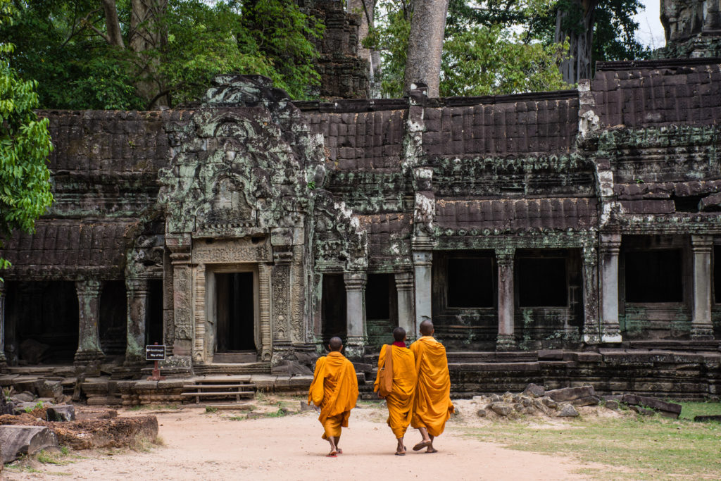 Angkor, Cambodia, building, monk, orange, people, robe, stone, temple, tree