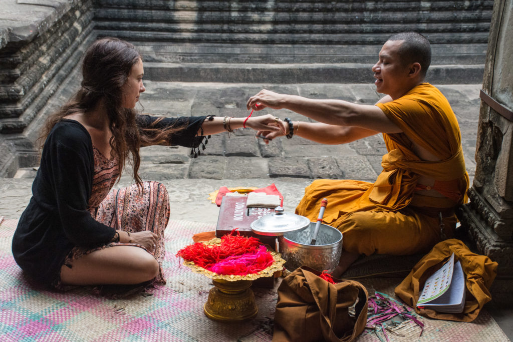 Angkor, Anya, Cambodia, monk, offering, orange, red