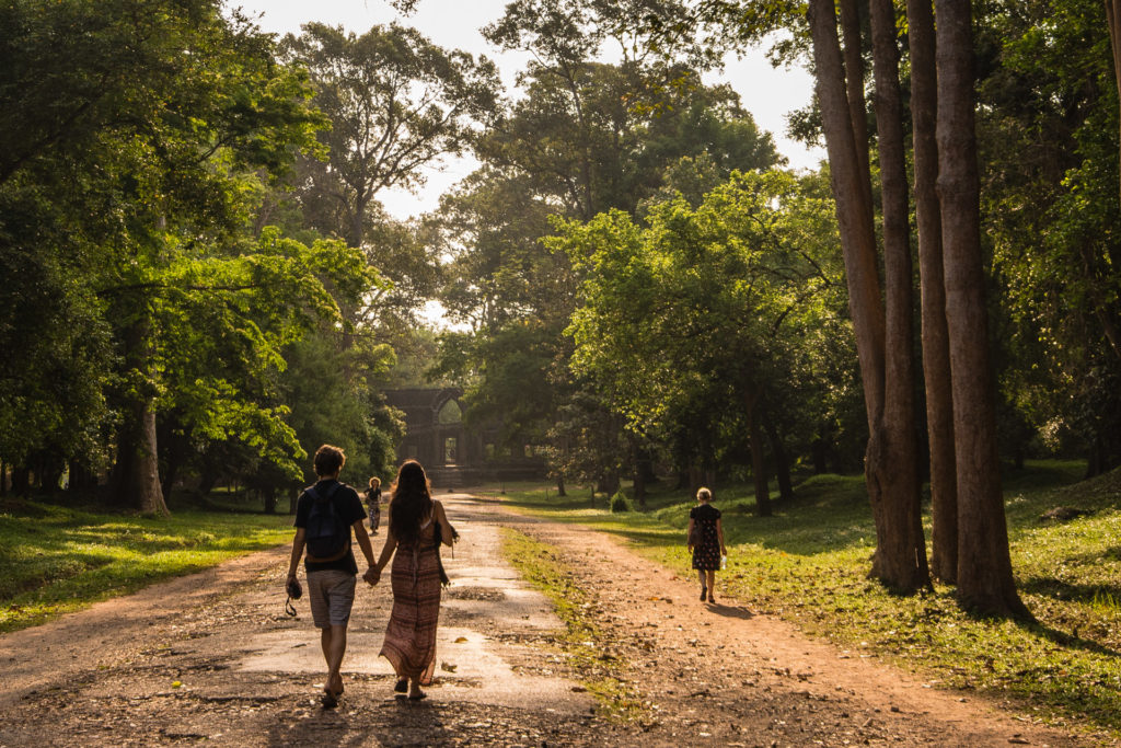 Angkor, Anya, Cambodia, Denis, Jeanne, gate, sunlight, tree