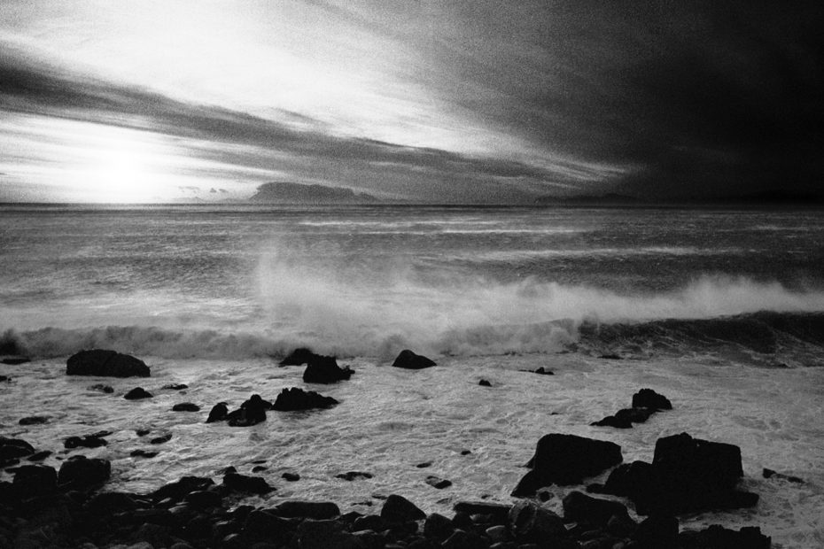 beach, black & white, cloud, monochrome, rock, sea, seascape, sunset, wave, weather