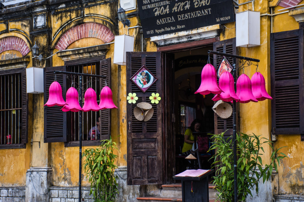 Hoi An, Vietnam, brown, building, lamp, lampshade, purple, restaurant, yellow