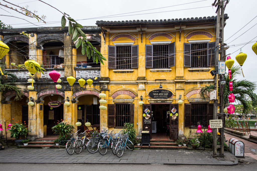 Hoi An, Vietnam, bicycle, building, lamp, lampshade, restaurant, shutter, texture, yellow