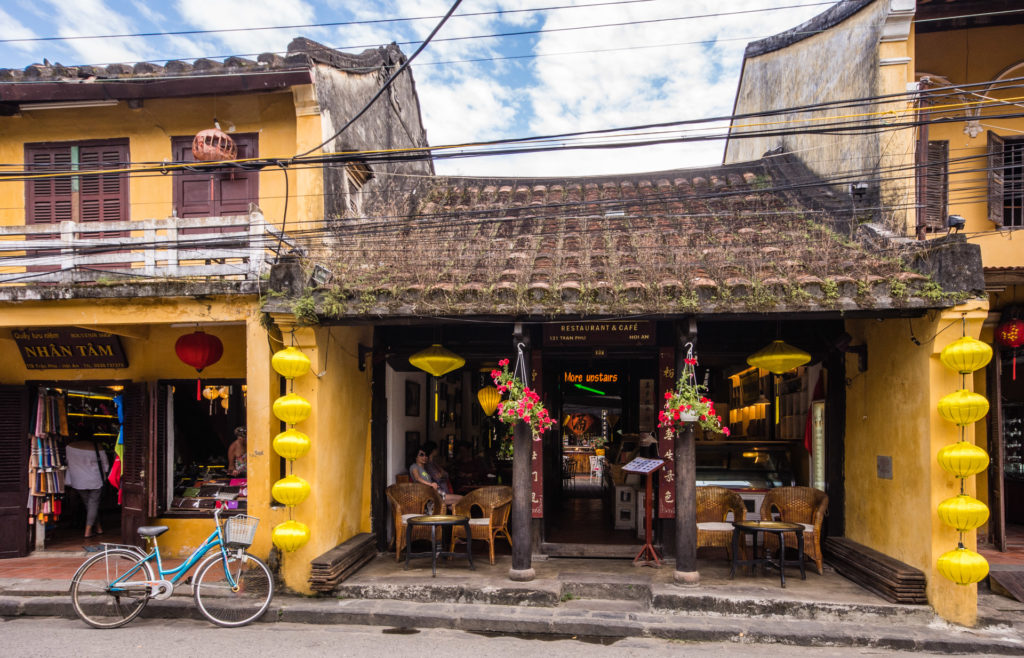 Hoi An, Vietnam, bicycle, brown, building, cloud, lampshade, restaurant, shop, sky, weather, yellow