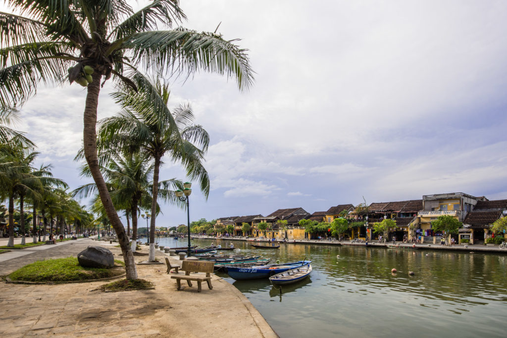 Hoi An, Vietnam, bench, boat, building, houses, landscape, palm, river, tree, water