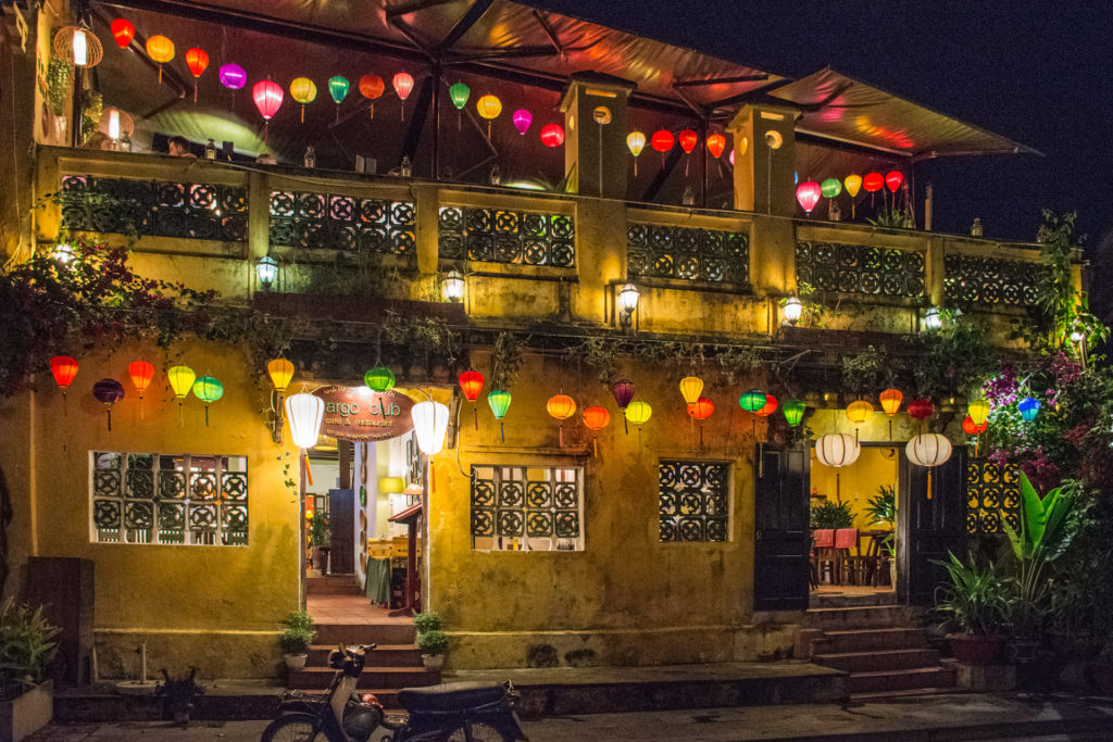 Hoi An, Vietnam, building, lamp, lampshade, lights, night, restaurant, scooter, yellow