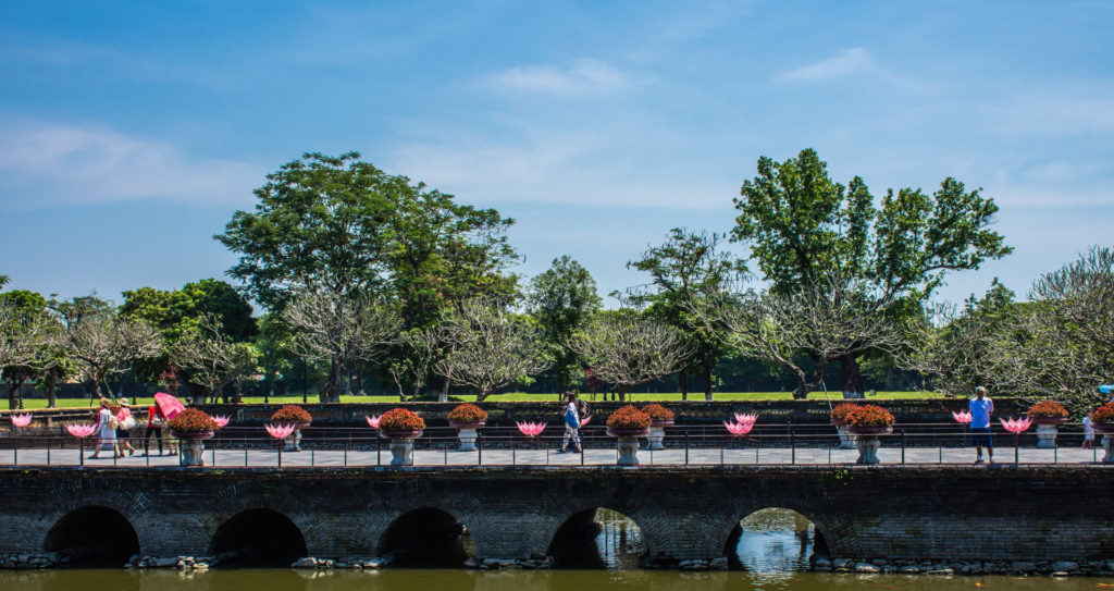Citadel, Hue, Imperial City, Vietnam, bridge, flower, flower pot, tree, water