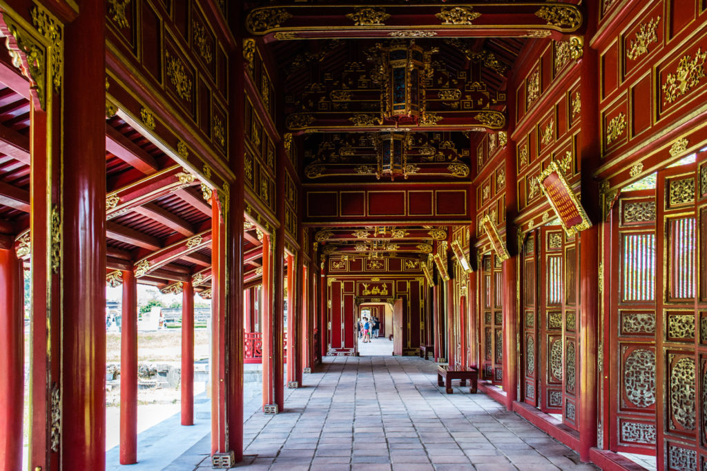 Citadel, Hue, Imperial City, Vietnam, corridor, gold, hallway, pillar, red