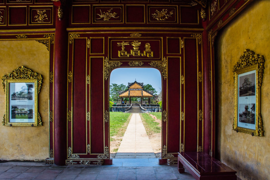 Citadel, Hue, Imperial City, Vietnam, building, corridor, gold, hallway, paintings, pavilion, red