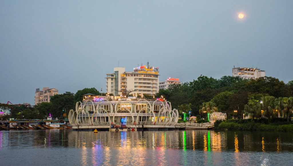Hue, Moon, Vietnam, building, floating restaurant, reflection, river, water