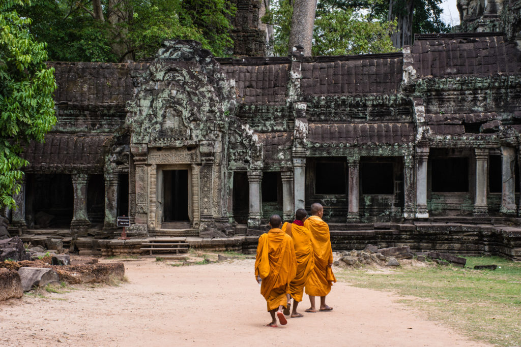 Angkor, Cambodia, building, monk, orange, people, robe, stone, temple, tree
